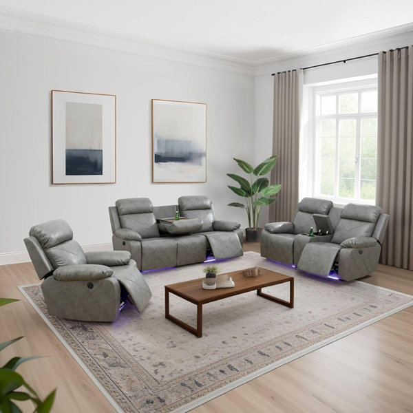 Ivy Bronx 3Piece Vegan Leather Power Reclining Living Room Sofa Set